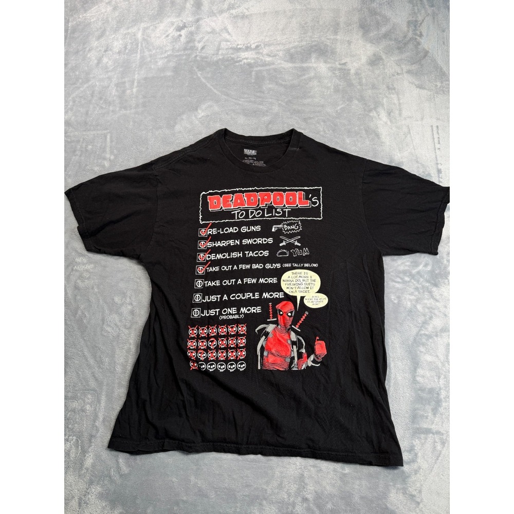 Marvel Deadpool To Do List T Shirt Mens XL Black Graphic Print Cotton Crew Neck